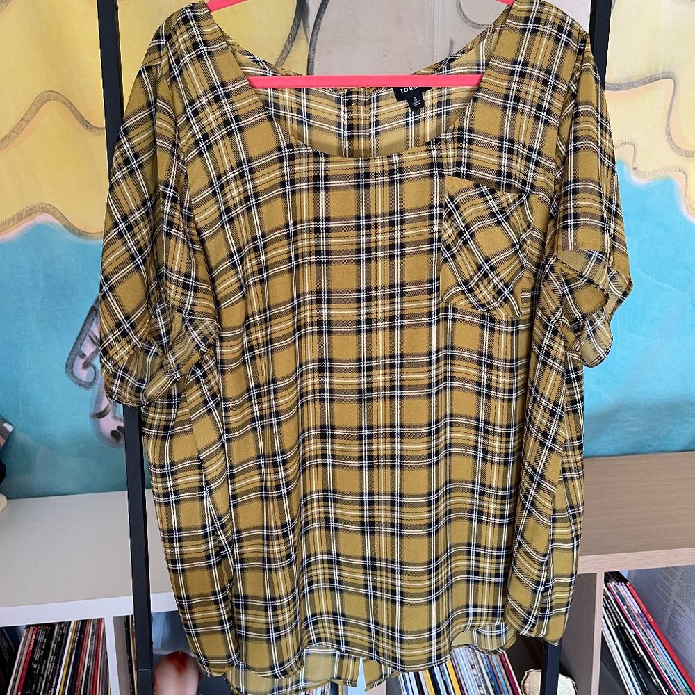Torrid Yellow Plaid Top, Button up Back, 3